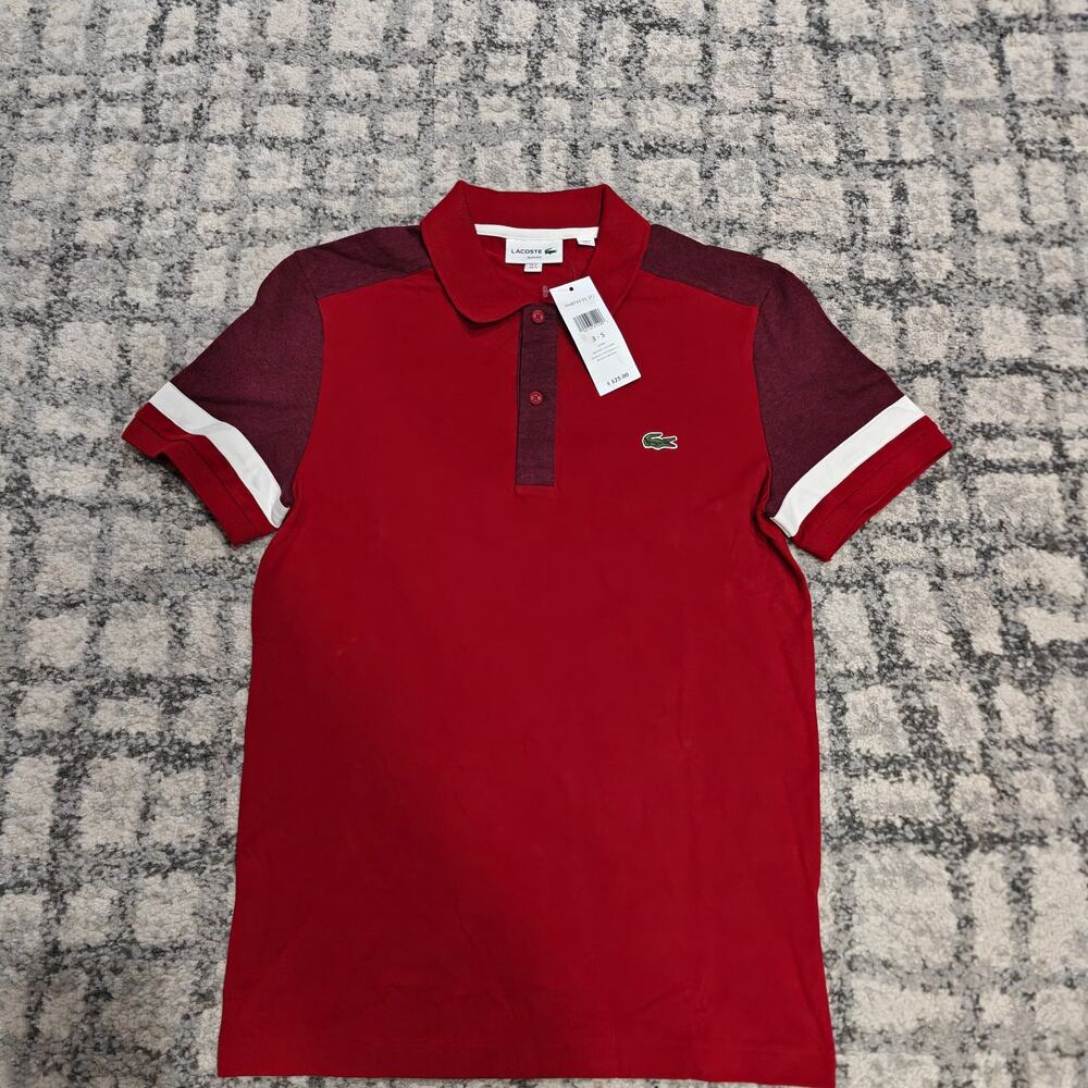 NWT Lacoste Slim Fit Polo Shirt Red Heather Bordeaux Colorblock Mens 3 US S